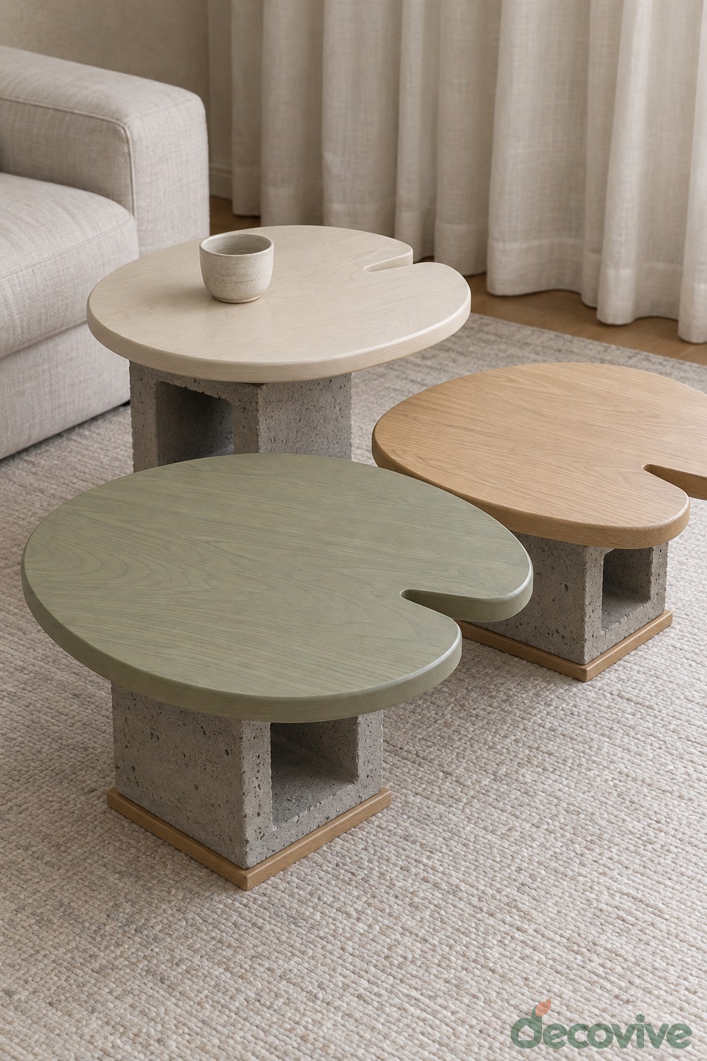 Three small tables with cream green and natural wood tops on concrete supports