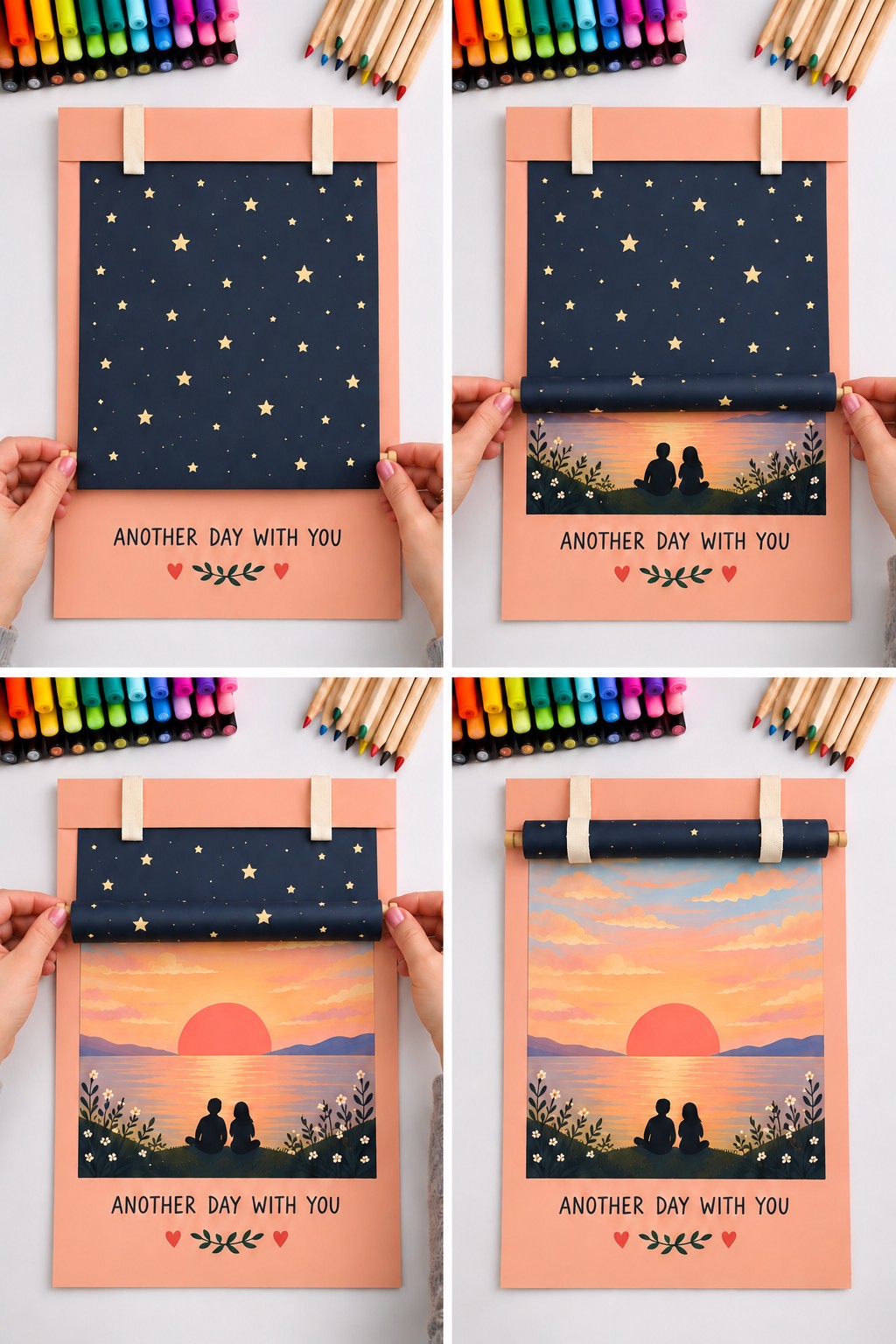Four views of a navy star covered paper blind rolling upward to reveal a sunset and a seated couple silhouette