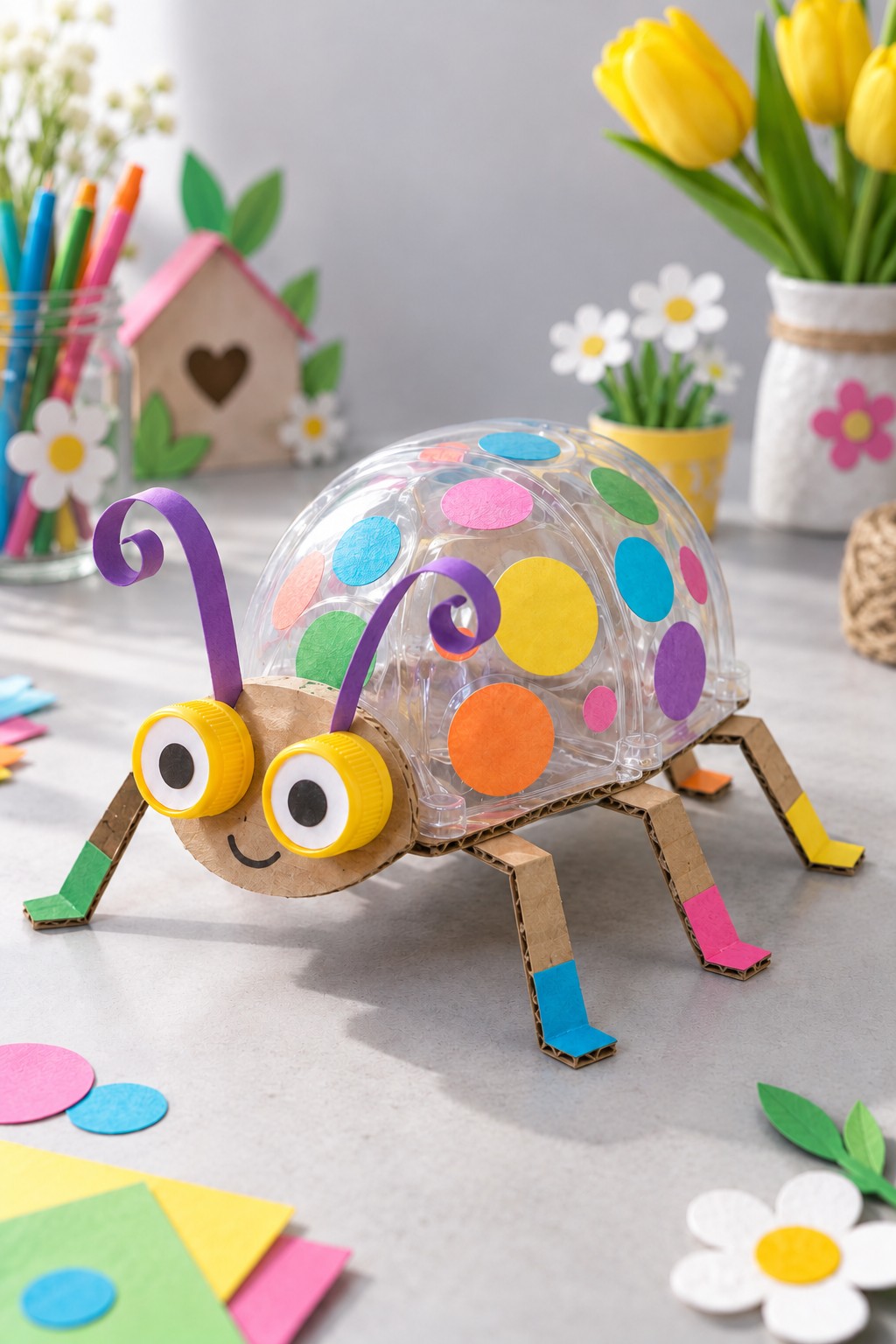 Clear domed packaging beetle with colorful paper spots, yellow cap eyes, purple antennae, and cardboard legs