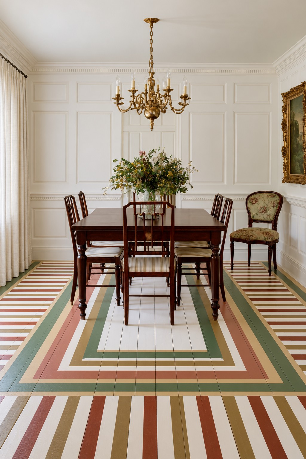 Dining room floor with nested green, terracotta, ochre, and cream rectangles and striped outer areas