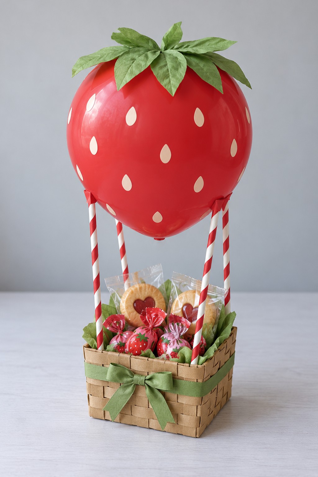 Red strawberry balloon with paper leaves above a woven basket of wrapped sweets on four striped supports