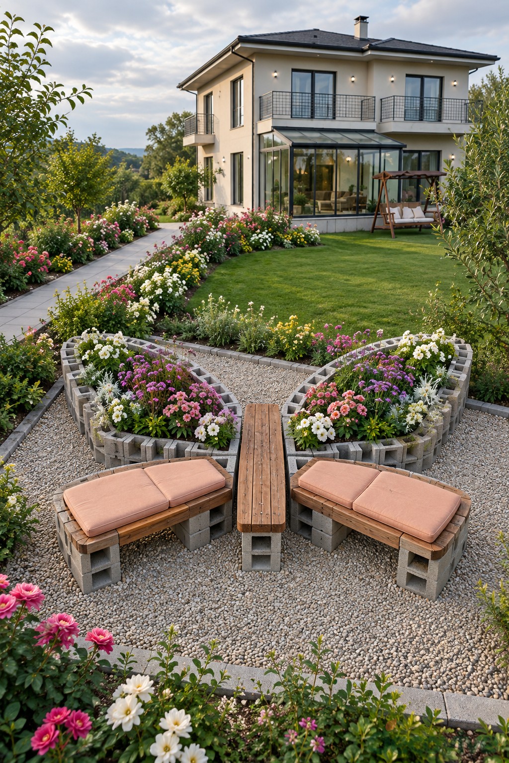 Two low cushioned seats beside wing shaped concrete flower borders and a central wooden divider