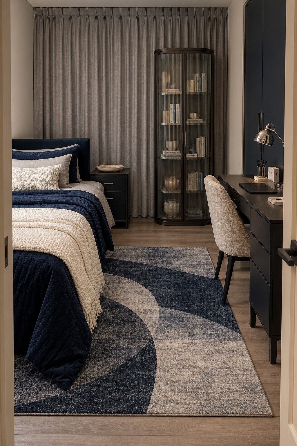 A navy and cream single bed, dark desk, curved glass front bookcase, and abstract blue rug