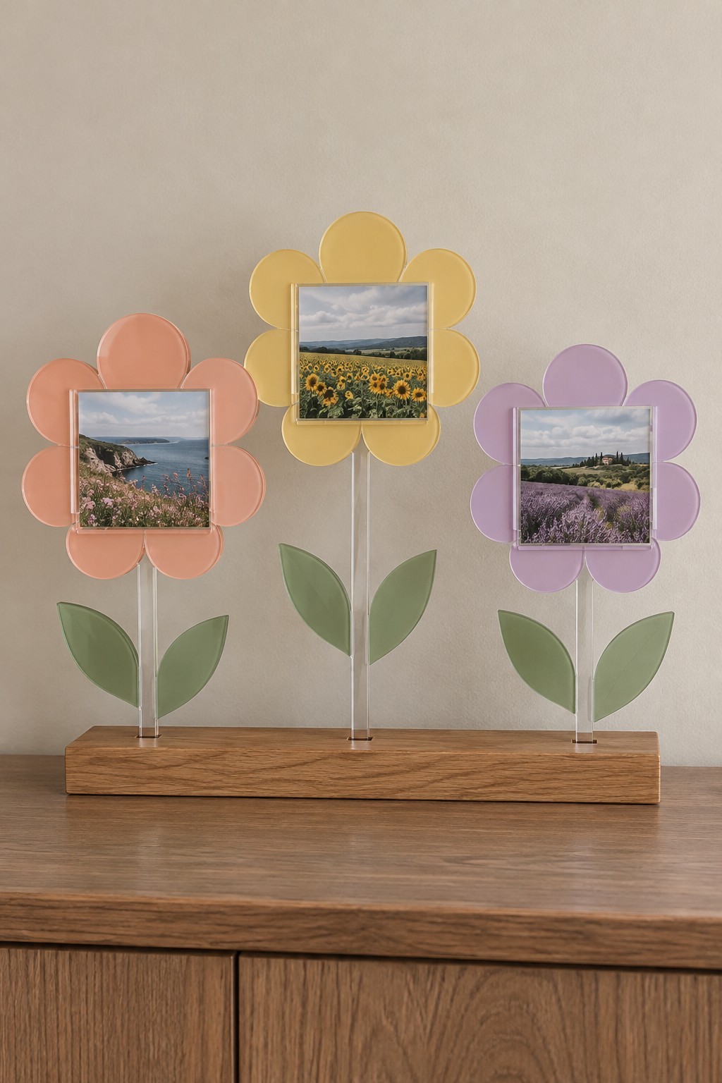 Three pastel acrylic flower photo frames with green leaf accents on a wooden base