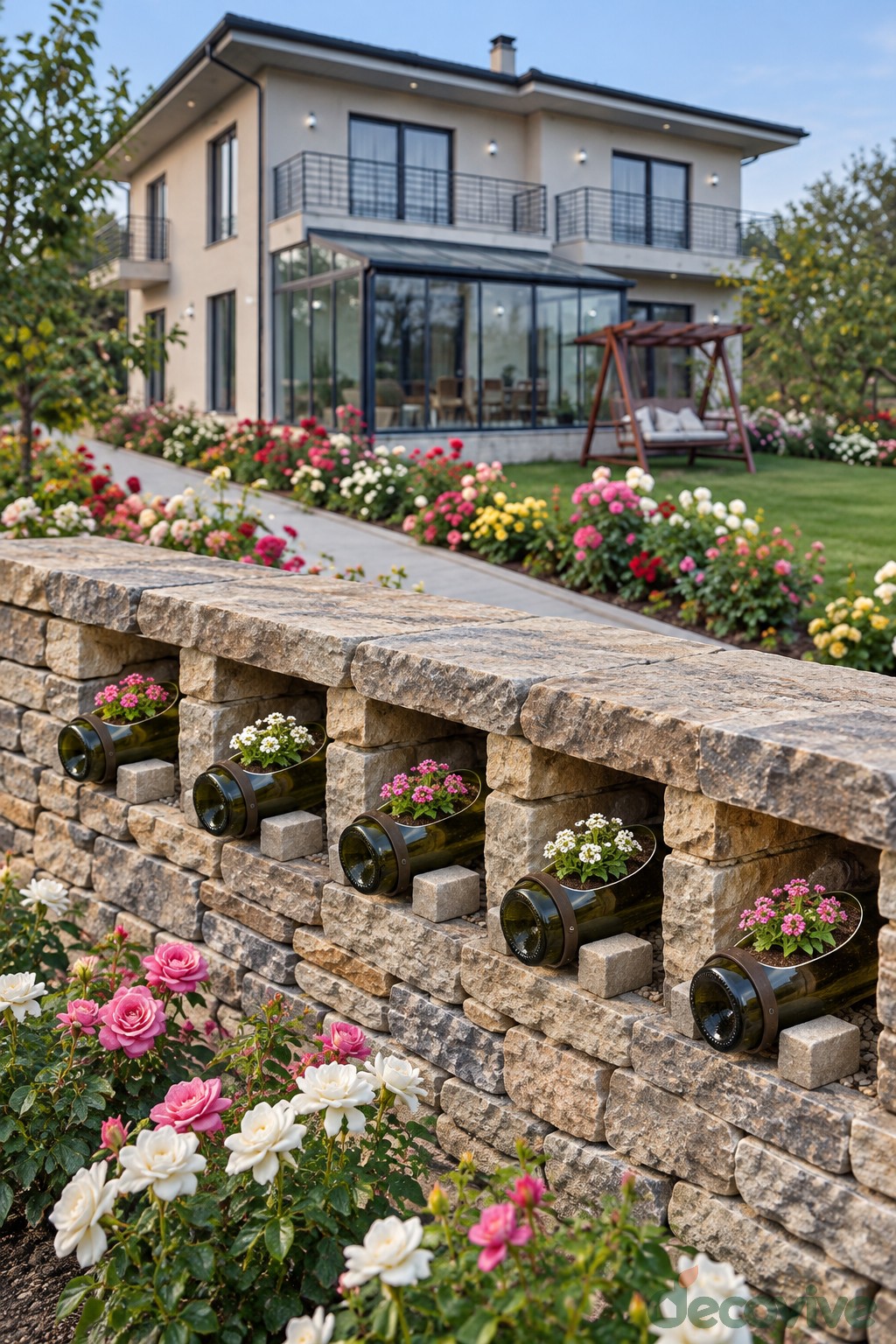 Low stone wall containing individual recesses with wine bottle flower planters