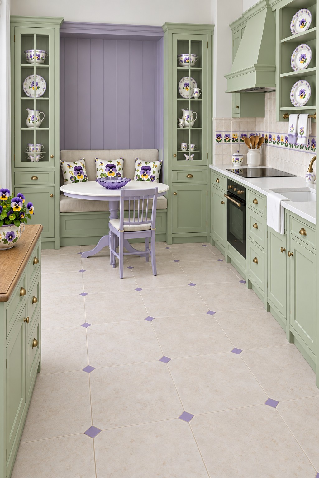Sage green kitchen with a lavender paneled breakfast nook, pansy cushions, floral china, and a small pedestal table
