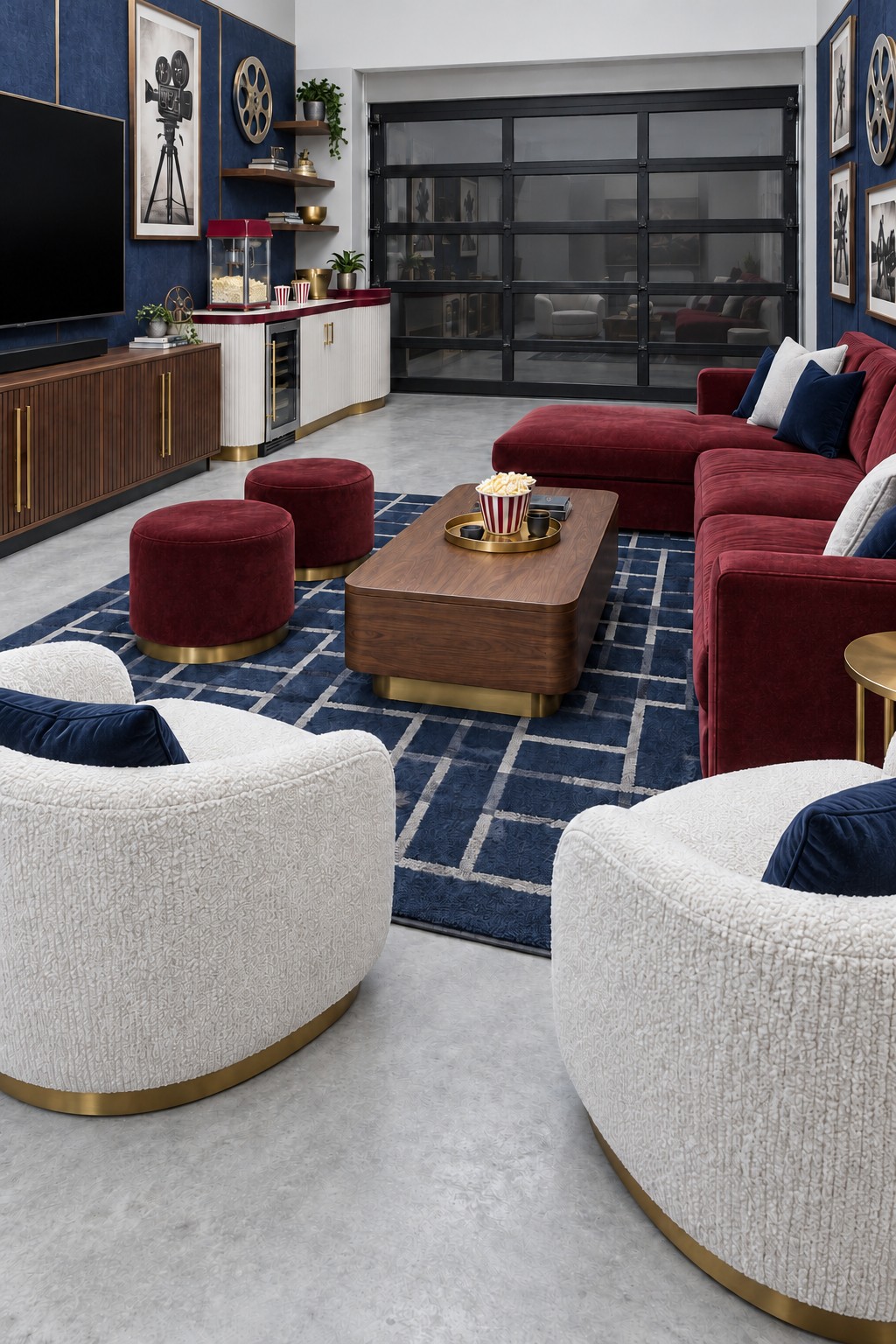 Garage cinema lounge with a burgundy sectional, cream armchairs, blue walls, a large television, and snack counter