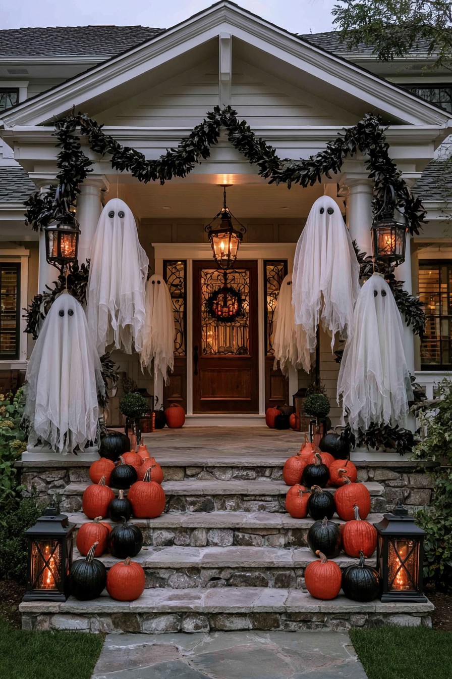 White fabric ghosts and black leaf garlands above orange and black porch pumpkins