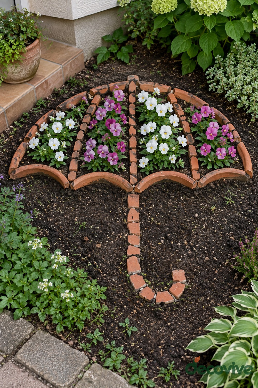 Umbrella Flower Garden with a Curved Clay Handle