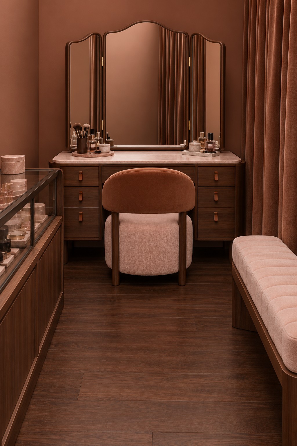 Cinnamon dressing room with a wooden vanity, three panel mirror, rust and blush chair, and pale bench