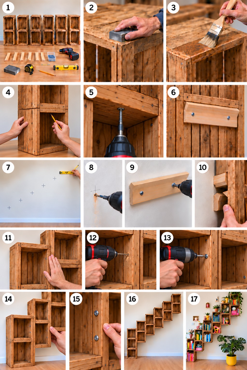 Wooden crate making stages showing surface preparation, mounting rails, wall alignment and connections between crates