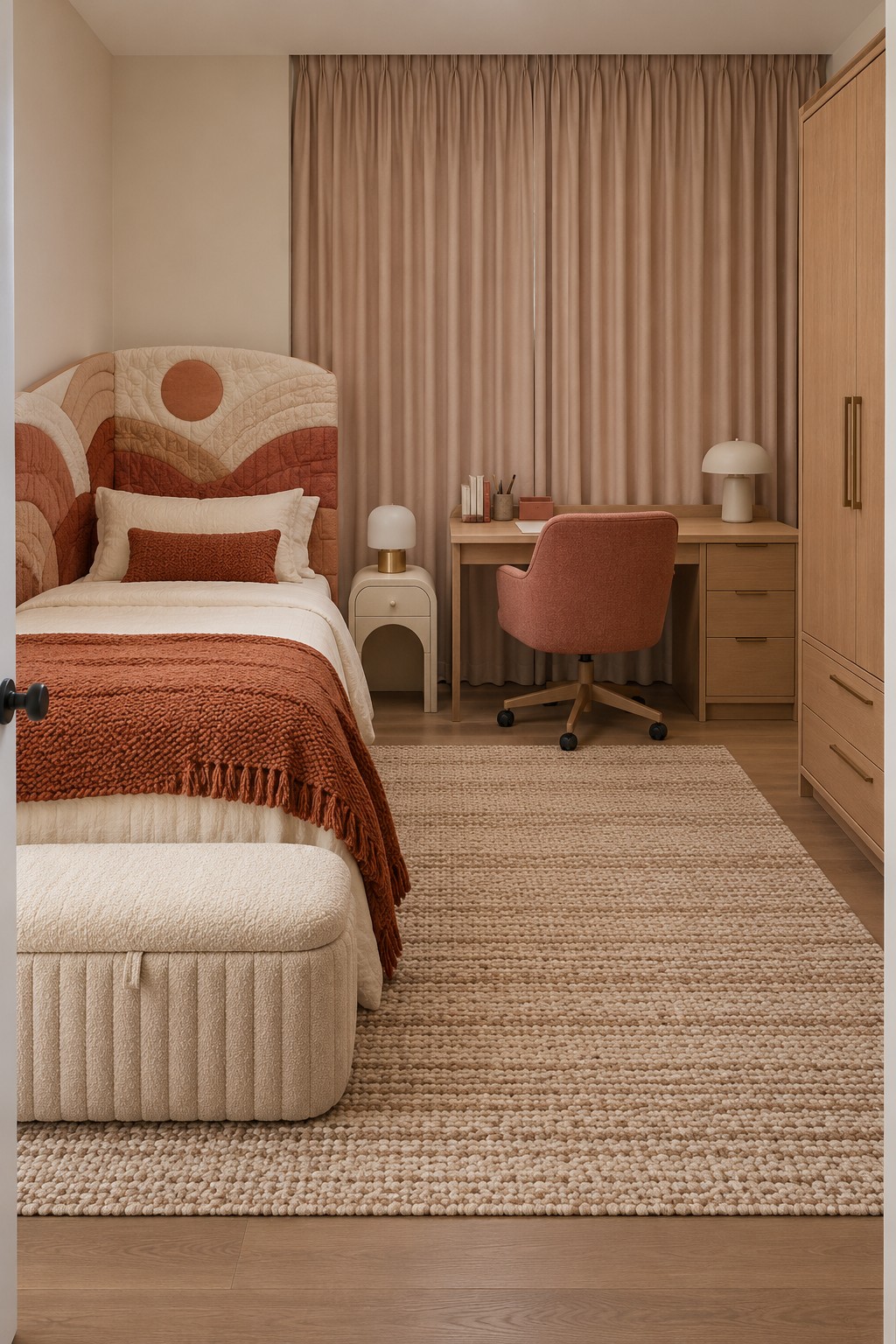 A cream bed with a terracotta throw, a curved landscape patterned headboard, pink curtains, and a cream bench