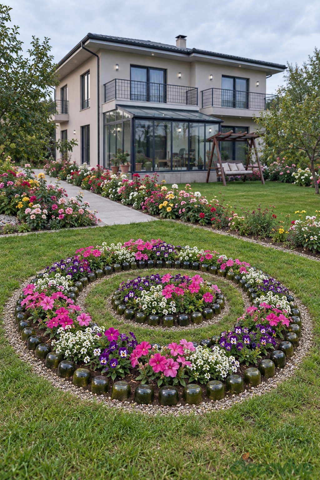 Circular spiral flower bed edged with inverted wine bottles