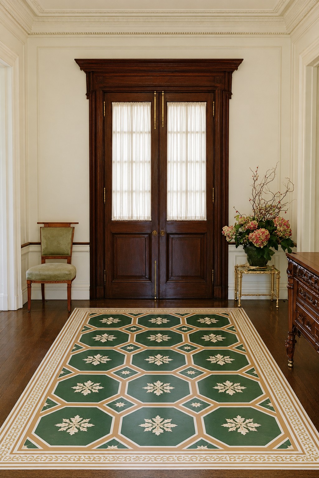 Green octagons with cream floral centers inside a layered rectangular border on an entry hall floor