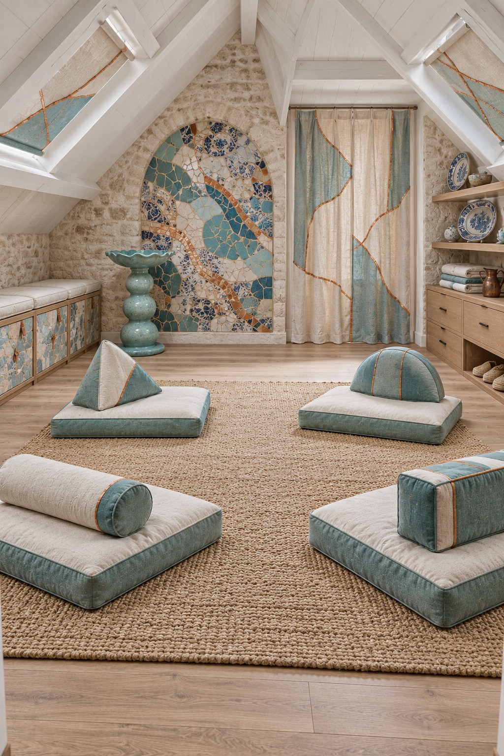 Sea green and cream floor cushions arranged around a woven rug beside an arched ceramic mosaic wall