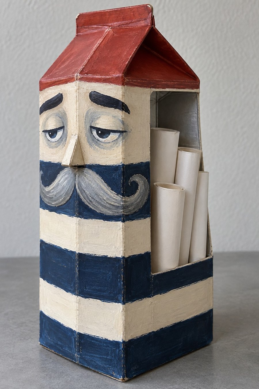 Red roof carton sailor with navy stripes moustache and side compartment for paper rolls