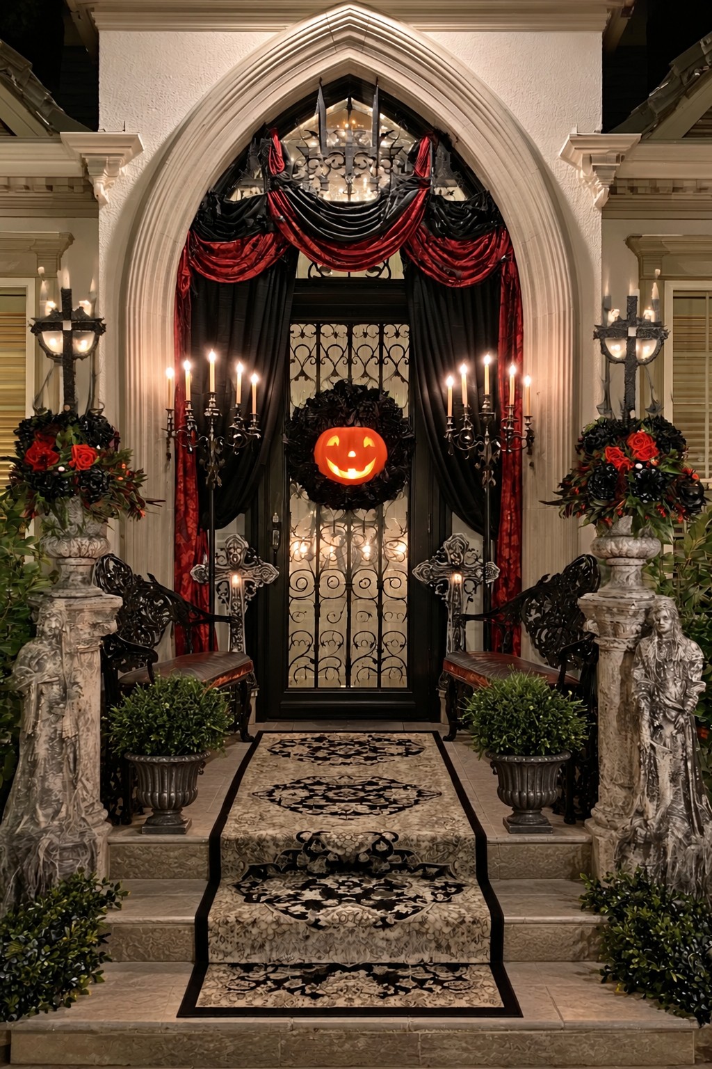 Pointed porch arch with red and black drapery, a pumpkin wreath, and candle-style stands