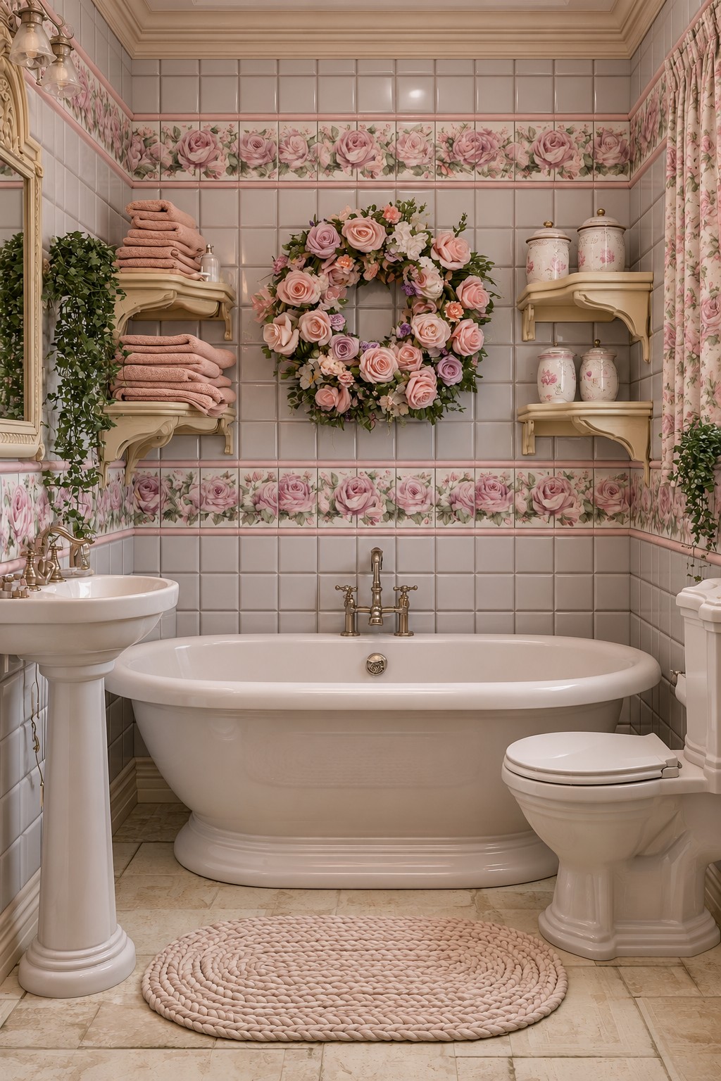 Rose patterned tile bands behind a freestanding bath with cream shelves and a large floral wreath