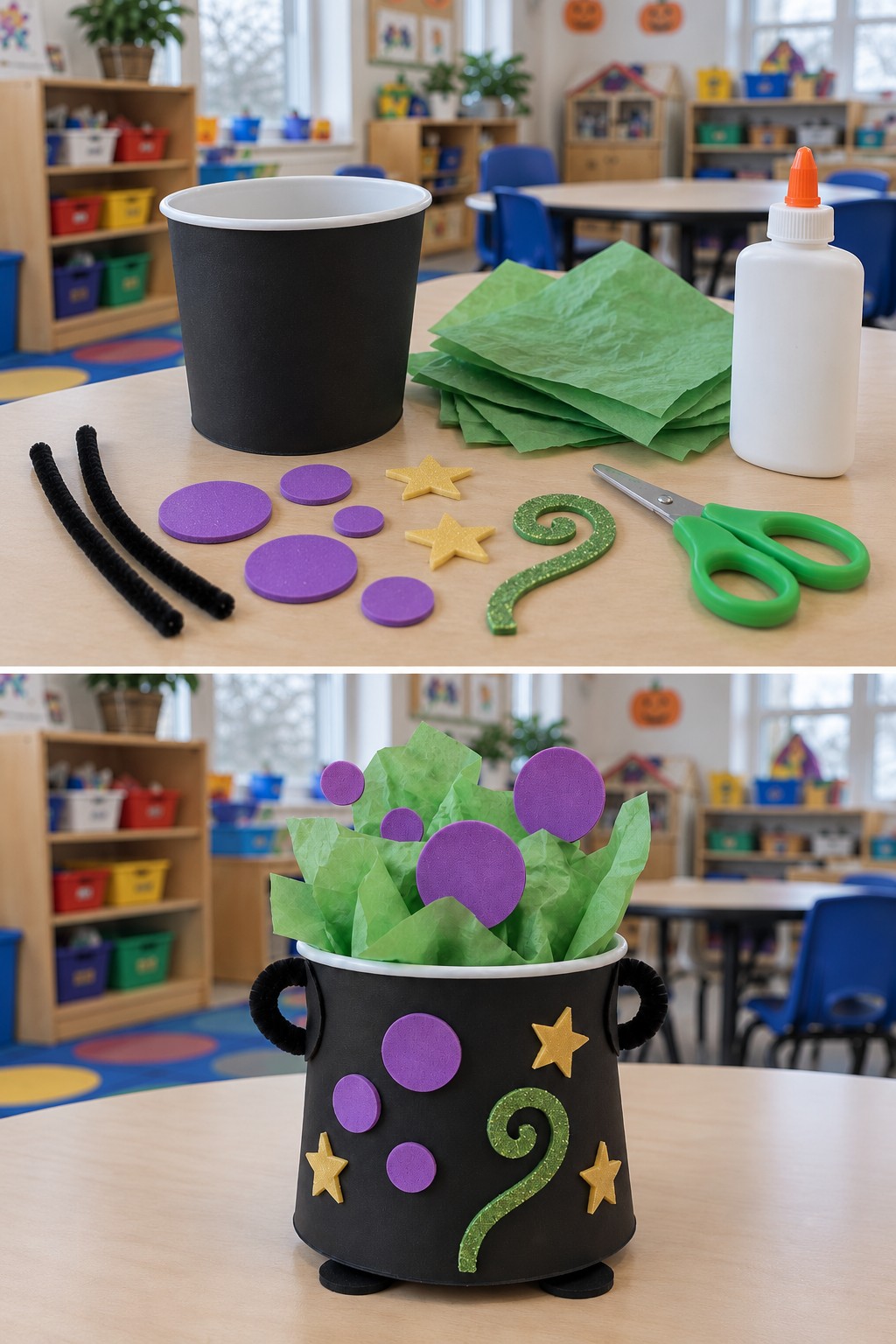 Black cup, tissue and decorative shapes above a paper cauldron with green tissue and purple bubbles