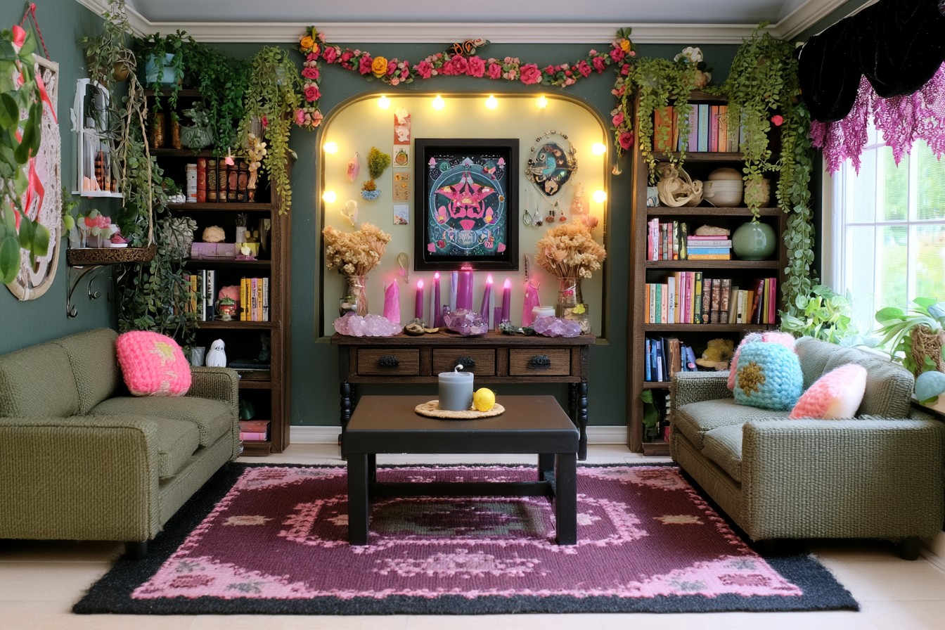 Olive seating around a black table beneath a lit arched niche, with tall bookcases, purple candles, and trailing plants