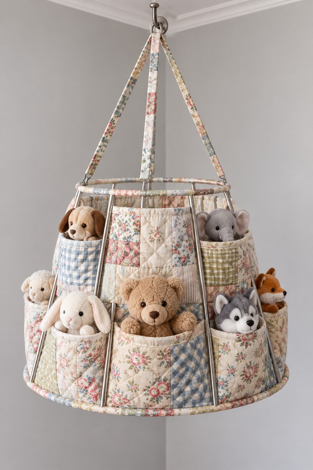 Old lampshade wire frame covered with floral patchwork fabric pockets and suspended on straps holding small stuffed toys