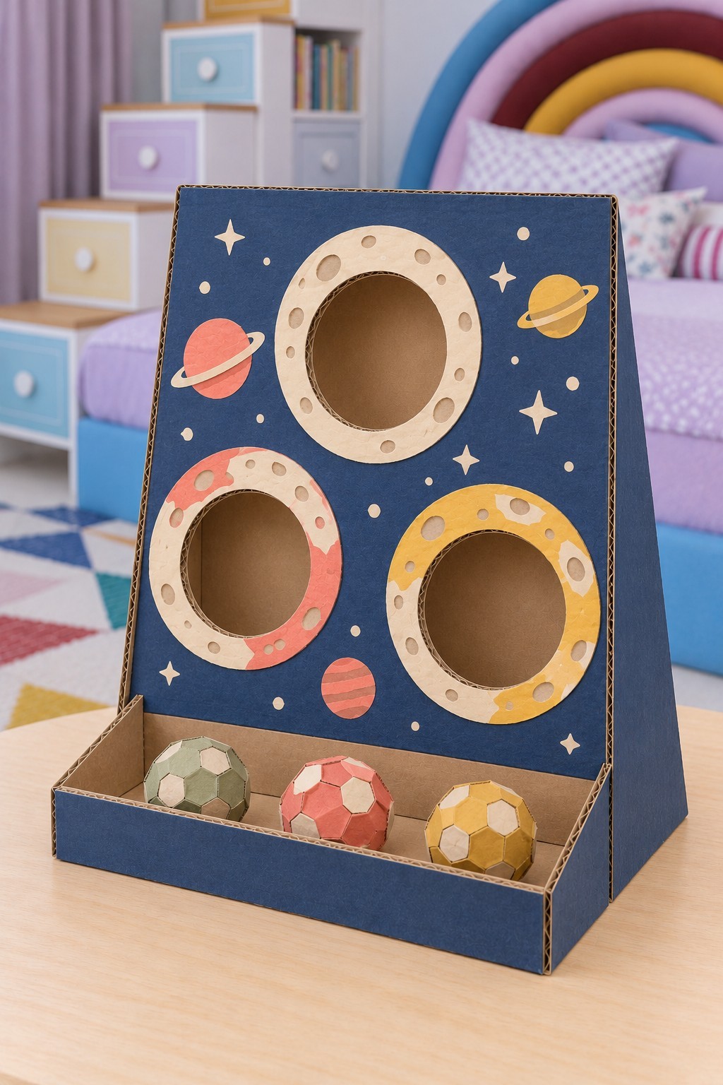 Navy cardboard space ball toss board with three large crater ring targets and a front tray of paper balls