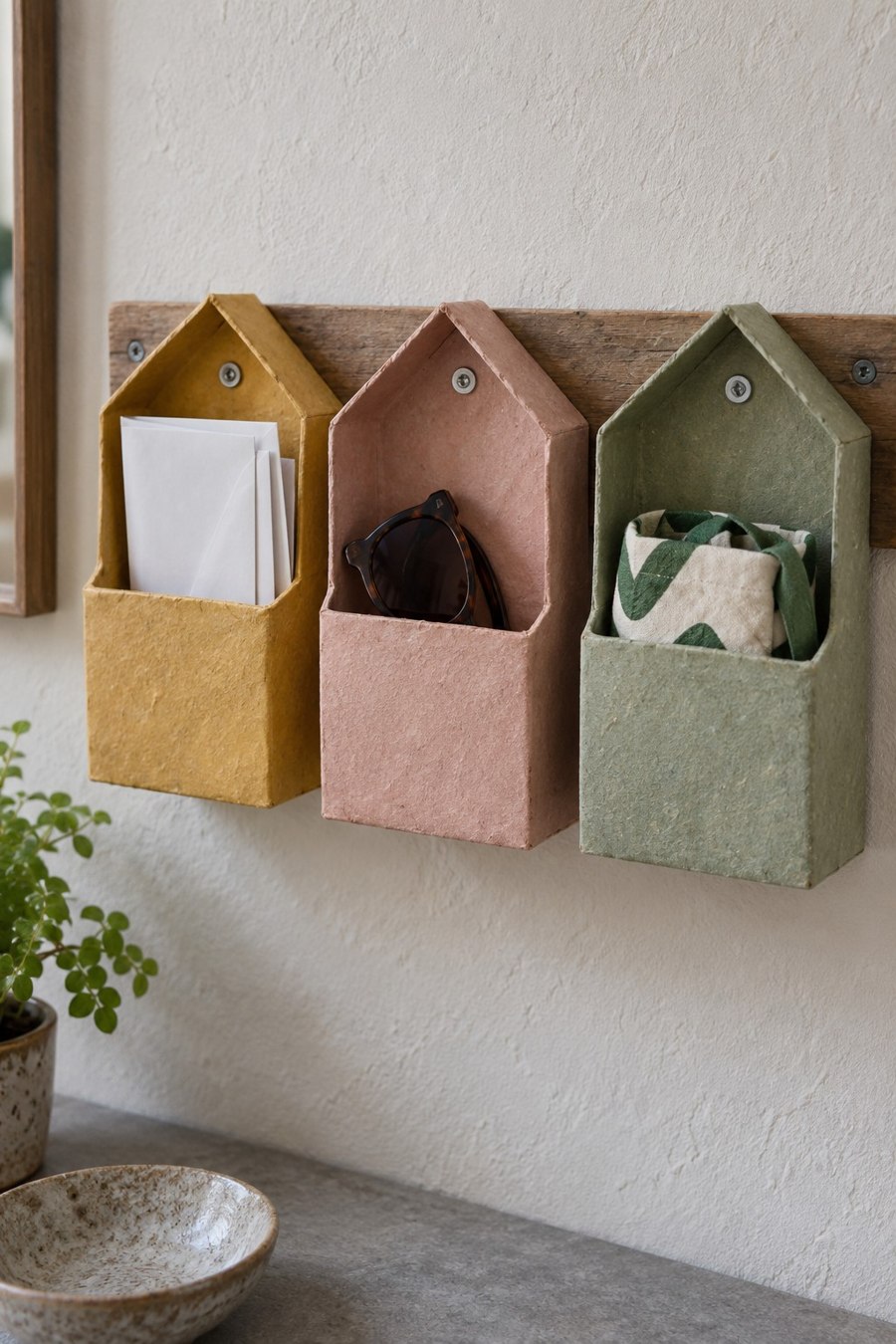 Three pastel house shaped carton pockets attached to a wooden rail