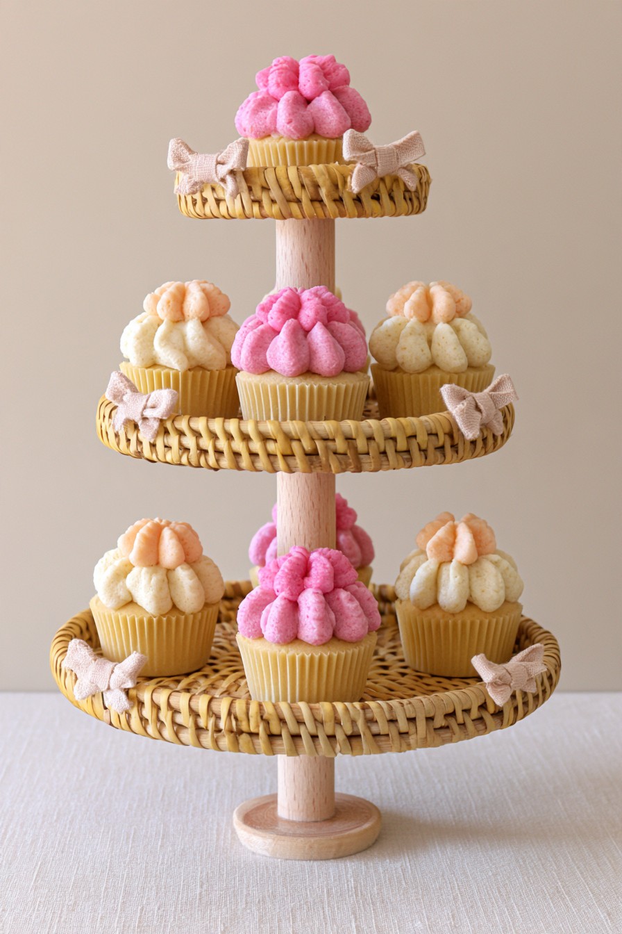 Woven rattan tiered cupcake stand on a dessert table