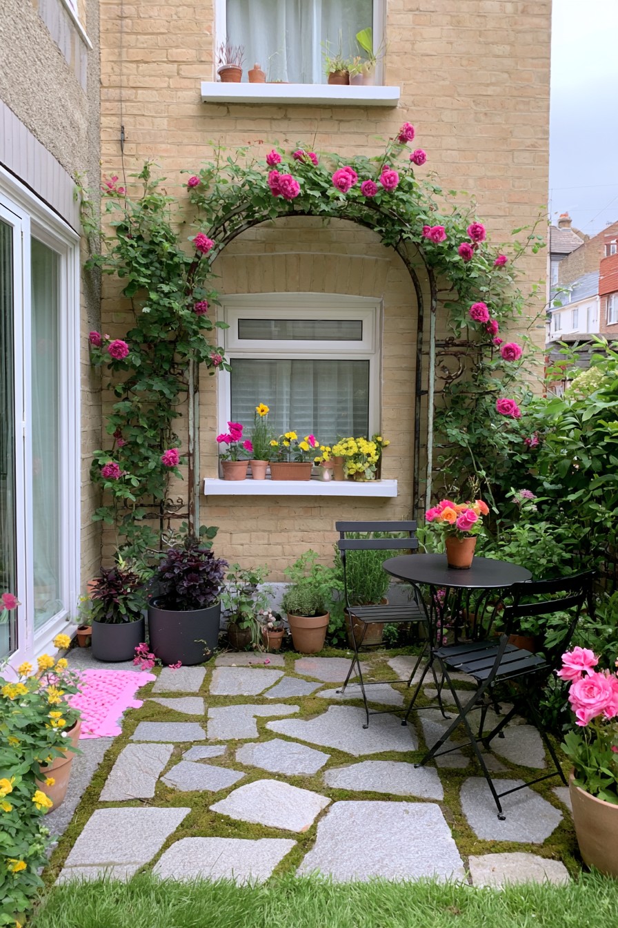 Pink roses over a black iron arch beside bistro furniture in a paved courtyard