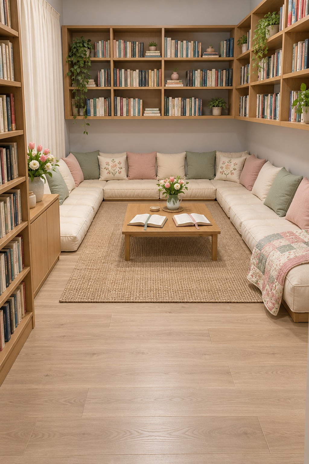 U shaped cream reading benches under wraparound wood bookshelves with sage and pink cushions and a central wooden table