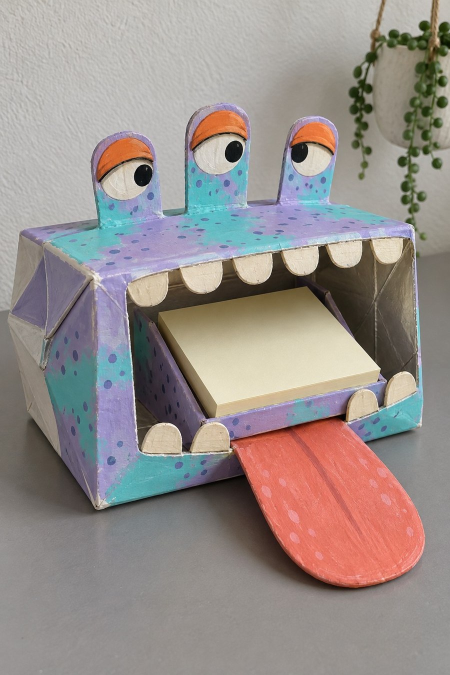 Purple and turquoise monster with three eyes mouth opening sticky notes and red tongue
