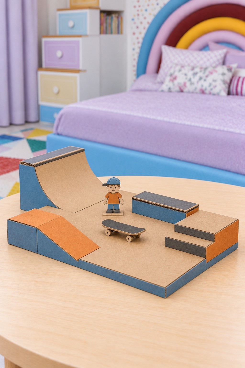 Tabletop cardboard skatepark with a curved quarter pipe, orange ramp, low ledge, steps and a tiny skateboard