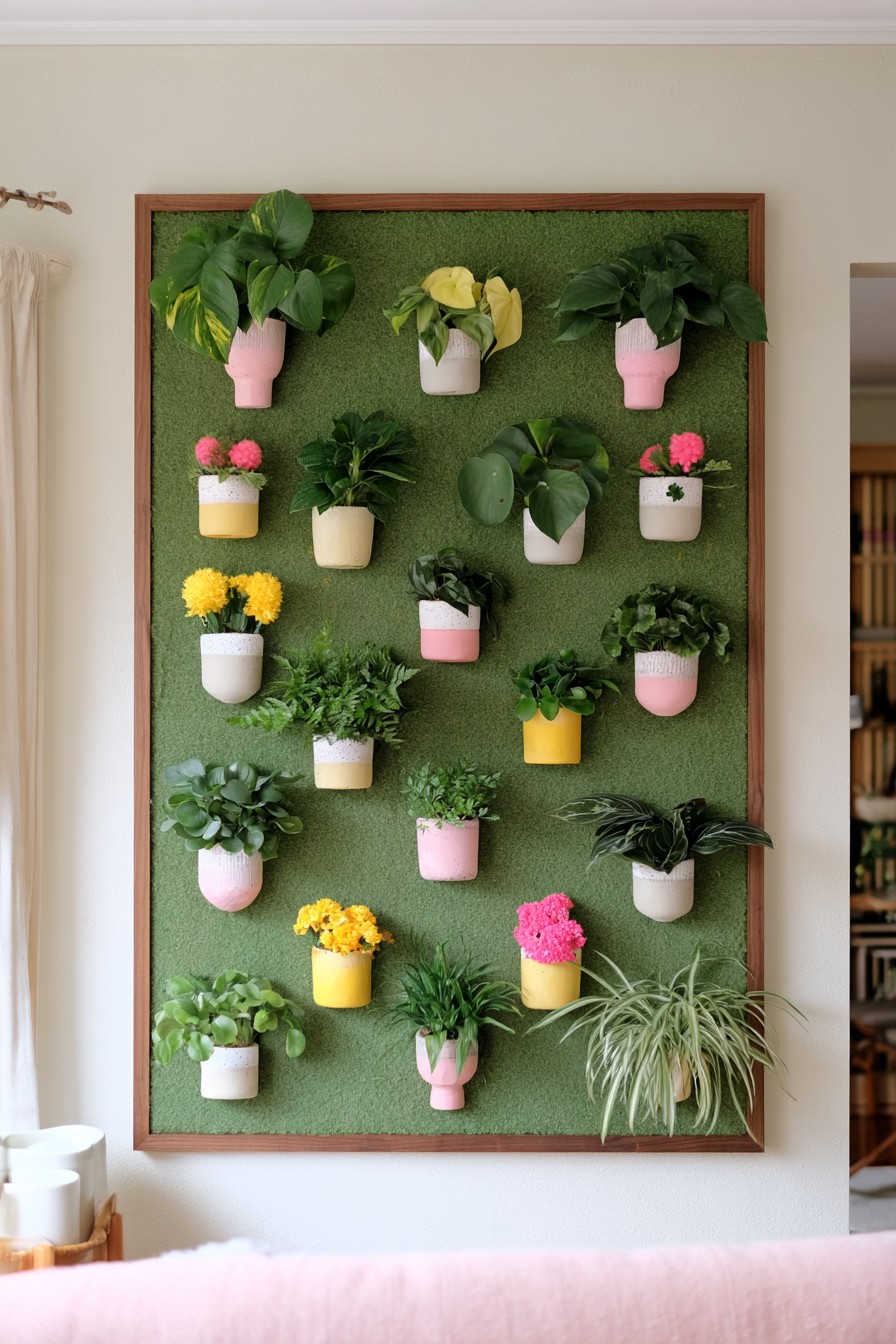 Rectangular timber framed green textured panel holding pink, yellow, and cream pots with varied foliage and flowers