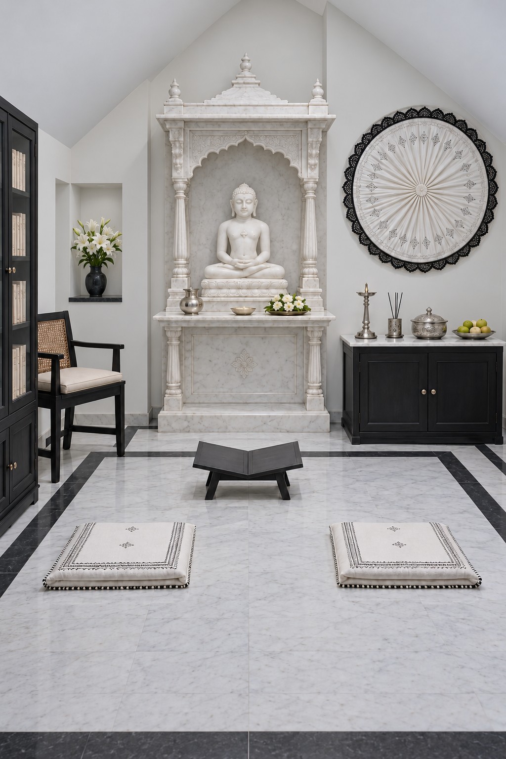 White stone shrine with a seated devotional figure, black cabinets and ivory floor cushions