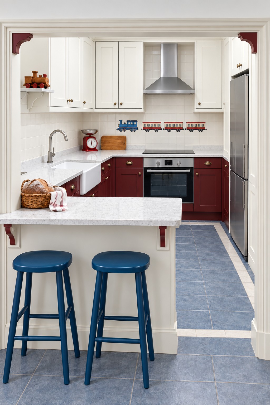 Burgundy and cream kitchen with a train tile motif, a breakfast peninsula, blue stools, and blue bordered flooring