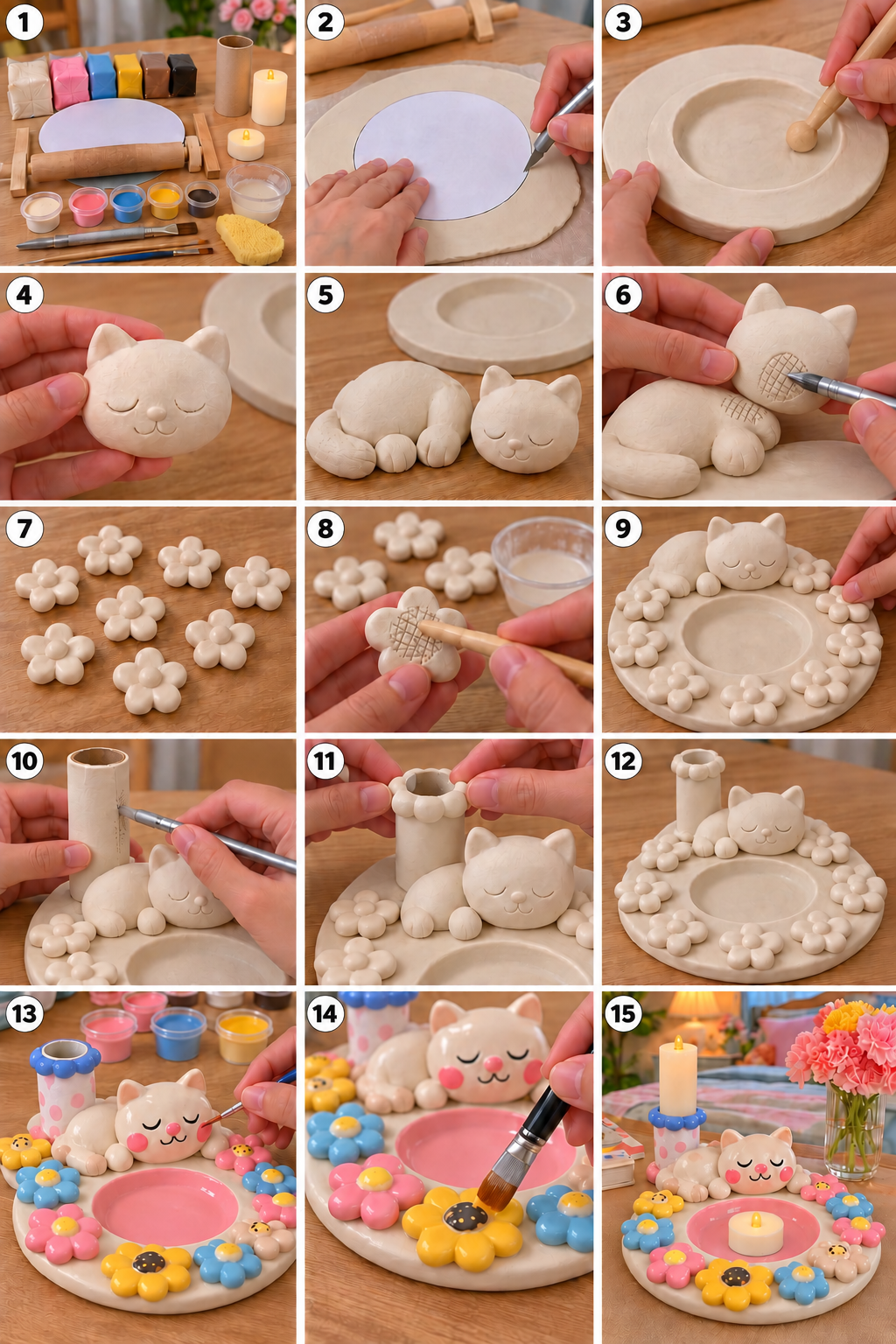 Making stages showing a rolled clay base separate character parts rear surface preparation flower placement and painting