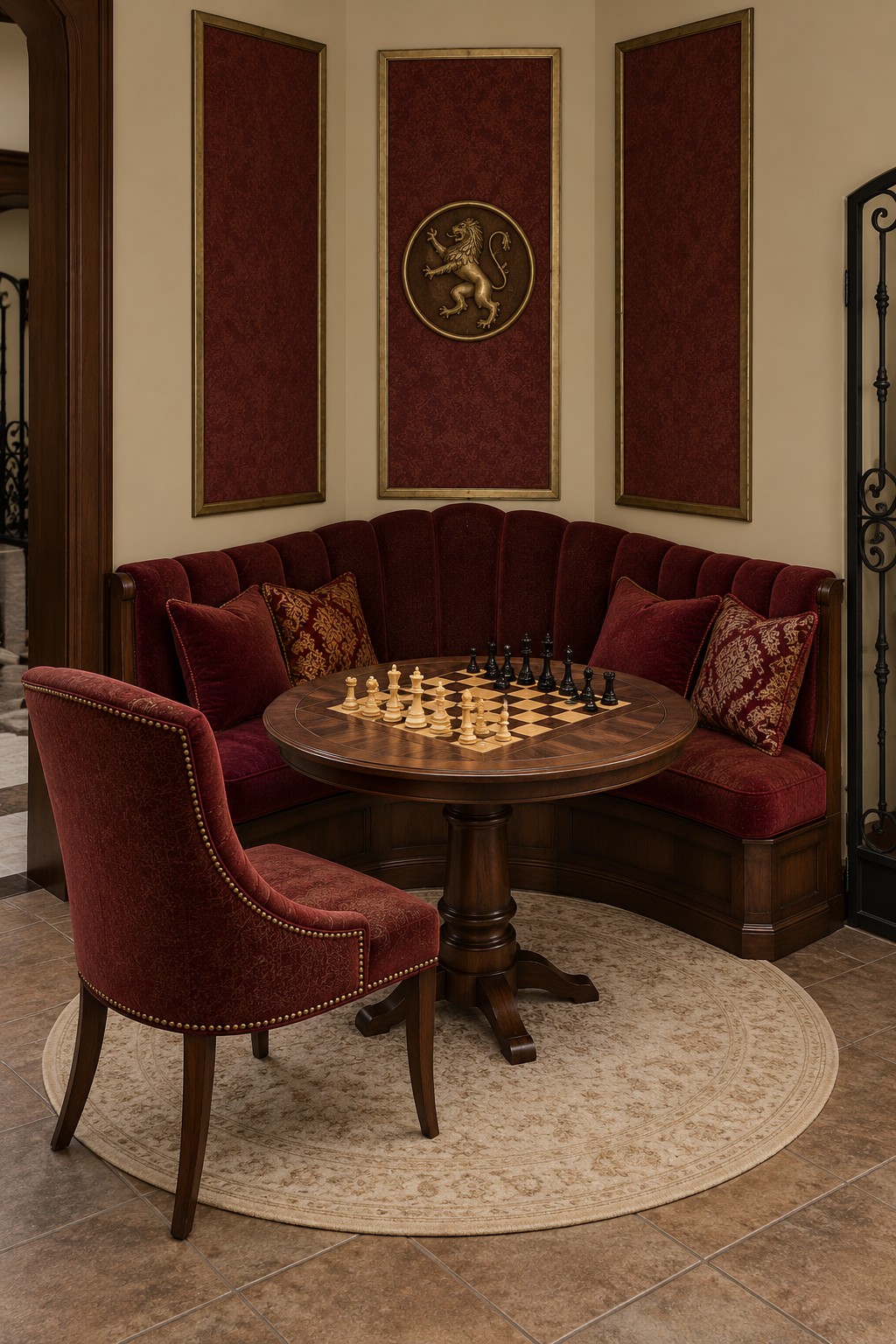Burgundy corner banquette and upholstered chair around a round chess table beneath red wall panels and a gold lion medallion