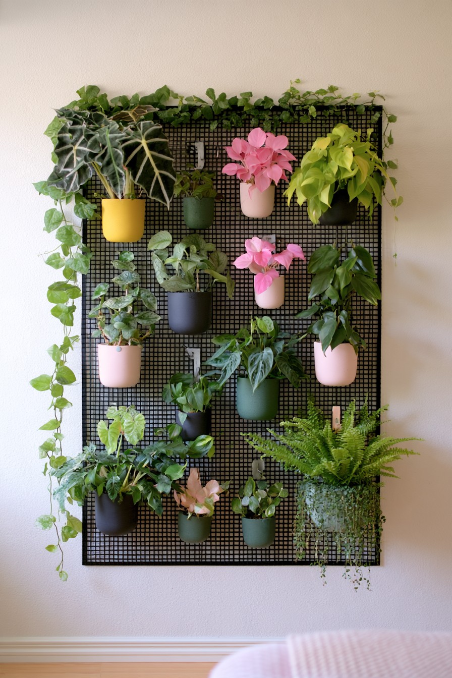 Black wire mesh wall panel with yellow, pink, gray, and green pots holding mixed foliage and flowers