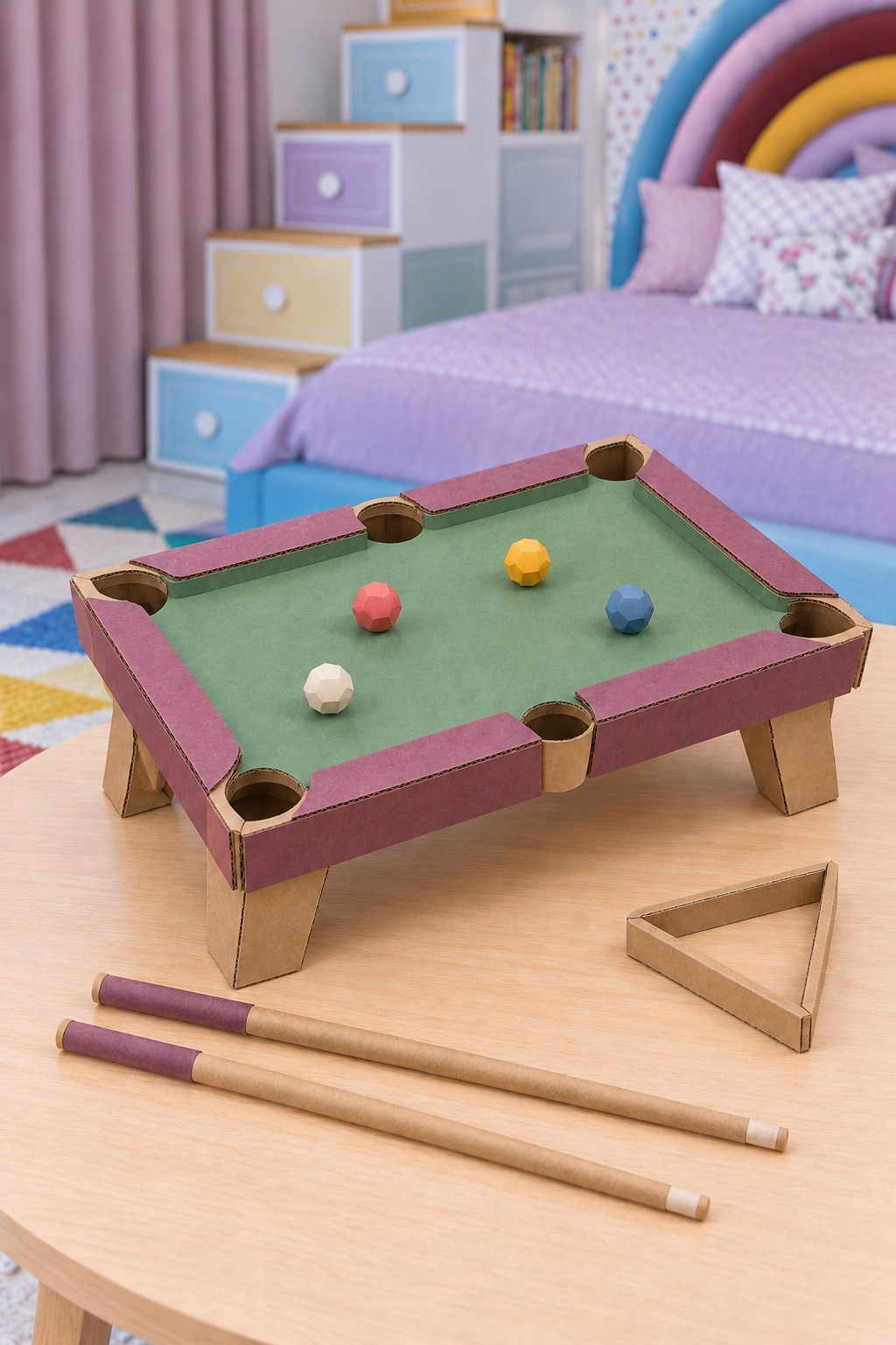 Small cardboard pool table with green surface, plum rails, six round pockets, paper cues and a triangle rack