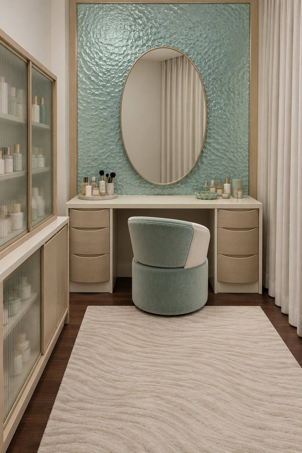 Seafoam textured mirror wall with a taupe vanity, mint upholstered chair, ribbed glass cabinets, and cream rug