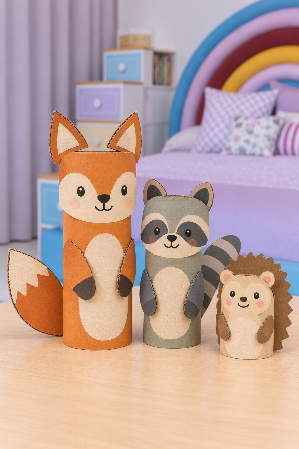 Cardboard tube fox, raccoon and hedgehog with layered paper faces, ears, tails and small paws