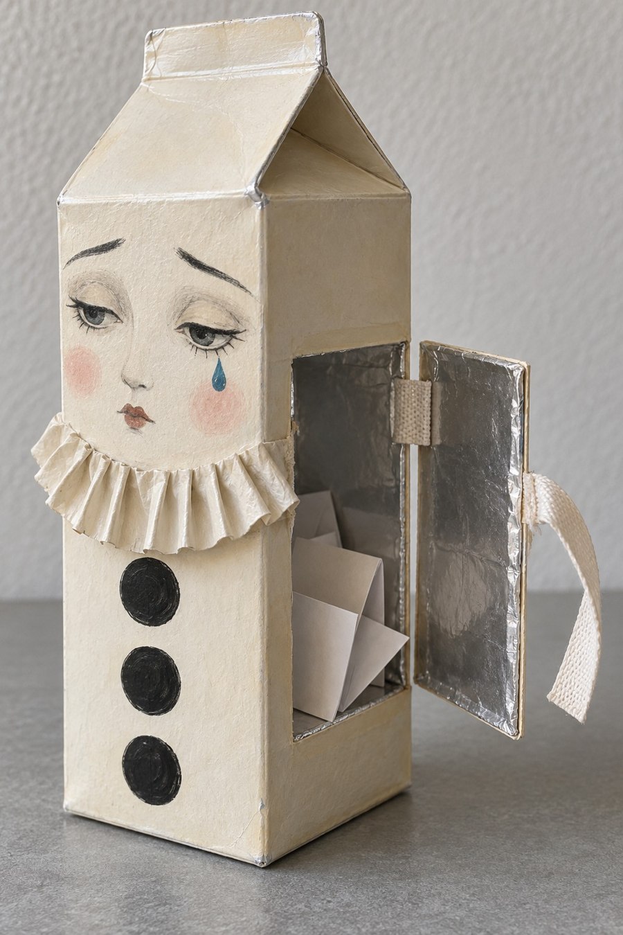 Cream Pierrot carton character with black buttons pleated collar and side door