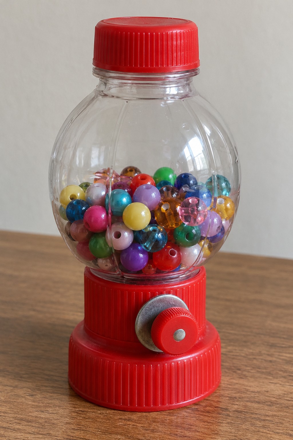Small red gumball machine inspired ornament with a clear bottle body filled with colorful beads