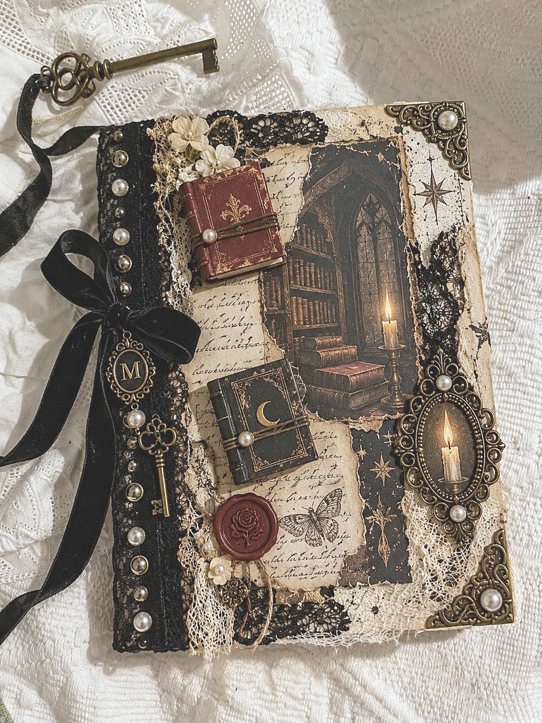 Vintage style cover with aged paper collage, miniature book motifs, a dark architectural panel, and ornamental corners