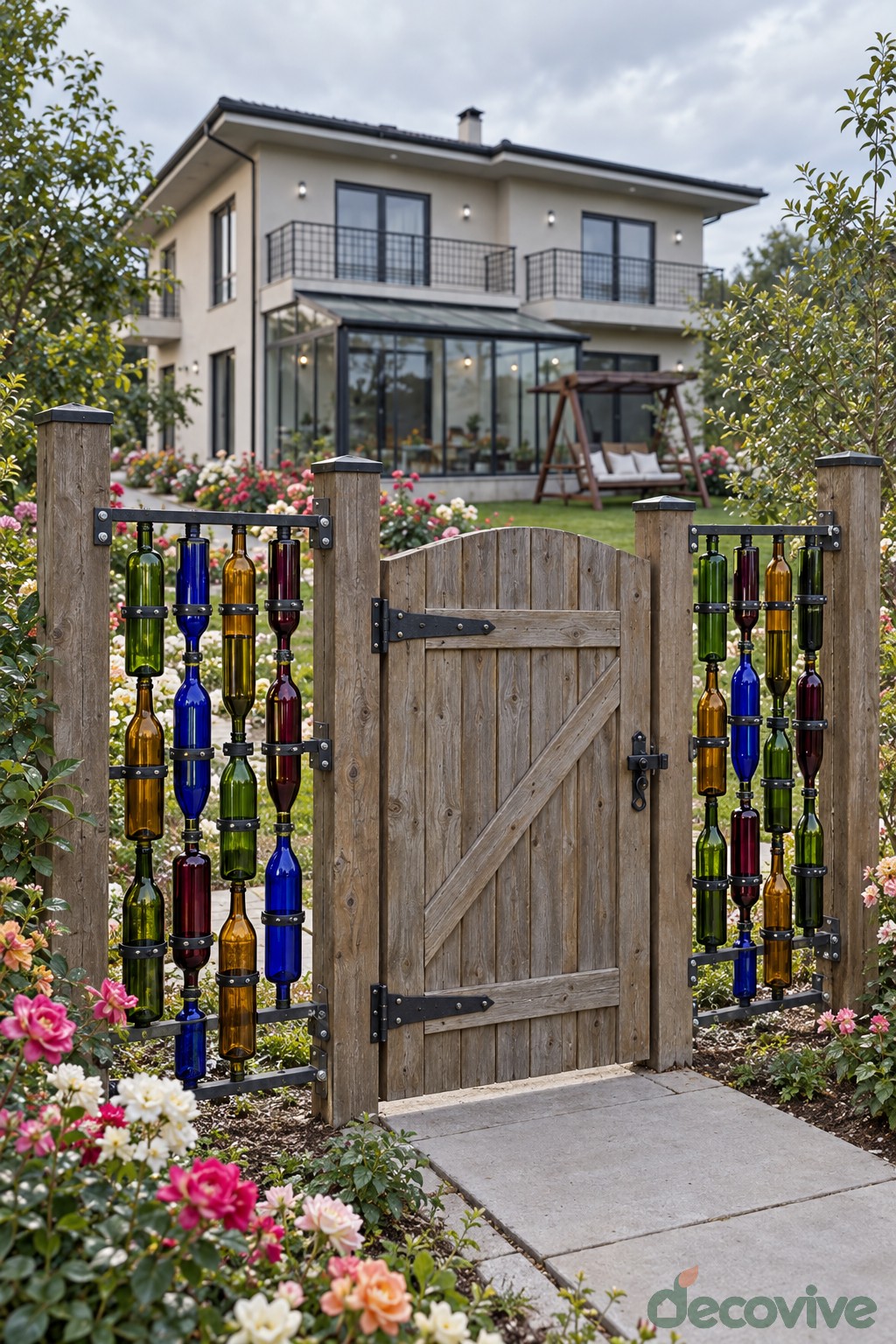 Timber garden gate flanked by narrow panels of green and blue bottles