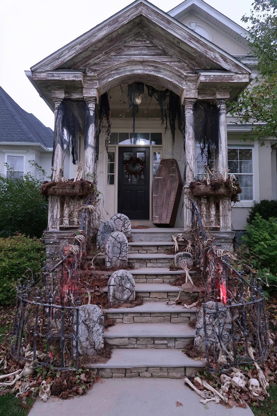 Weathered-looking porch with a closed coffin, cracked grave markers, and skeletal props