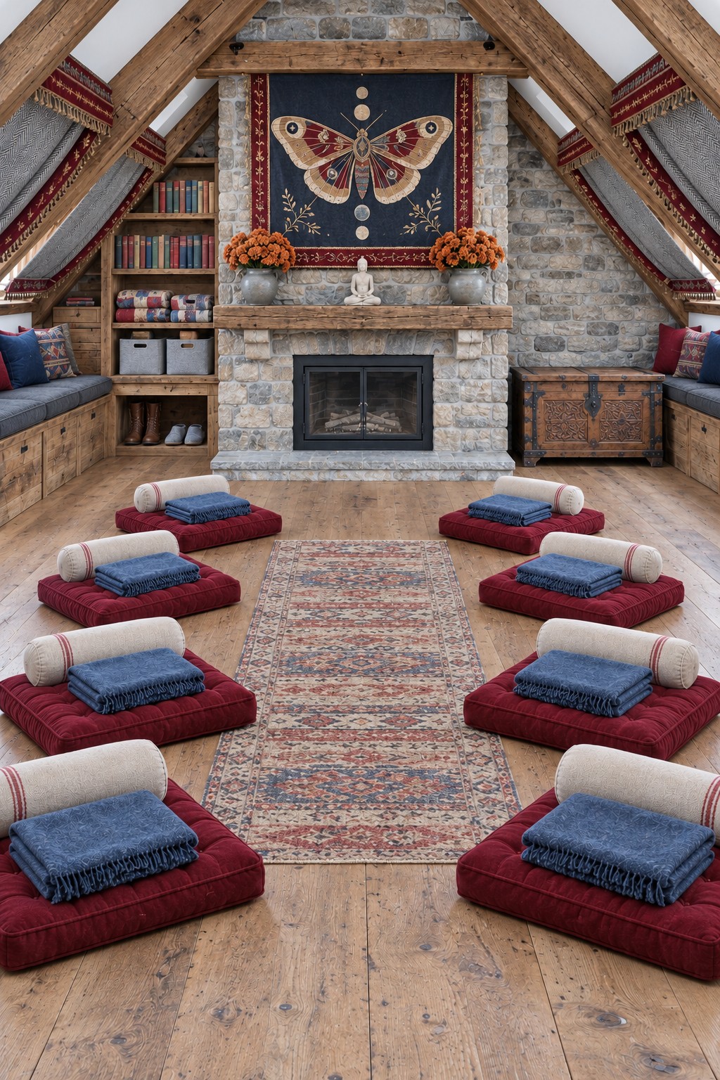 Rustic attic with a moth tapestry above a stone fireplace and rows of burgundy meditation cushions