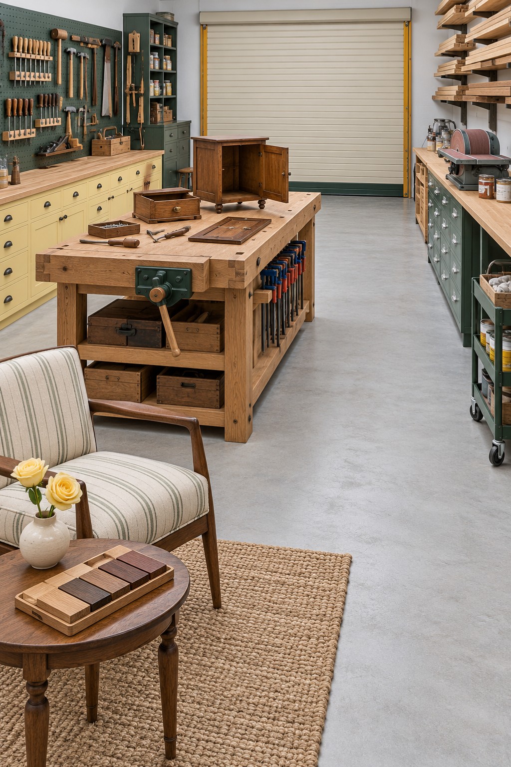 Garage woodworking workshop with a thick timber bench, vise, organized hand tools, lumber racks, and yellow drawers