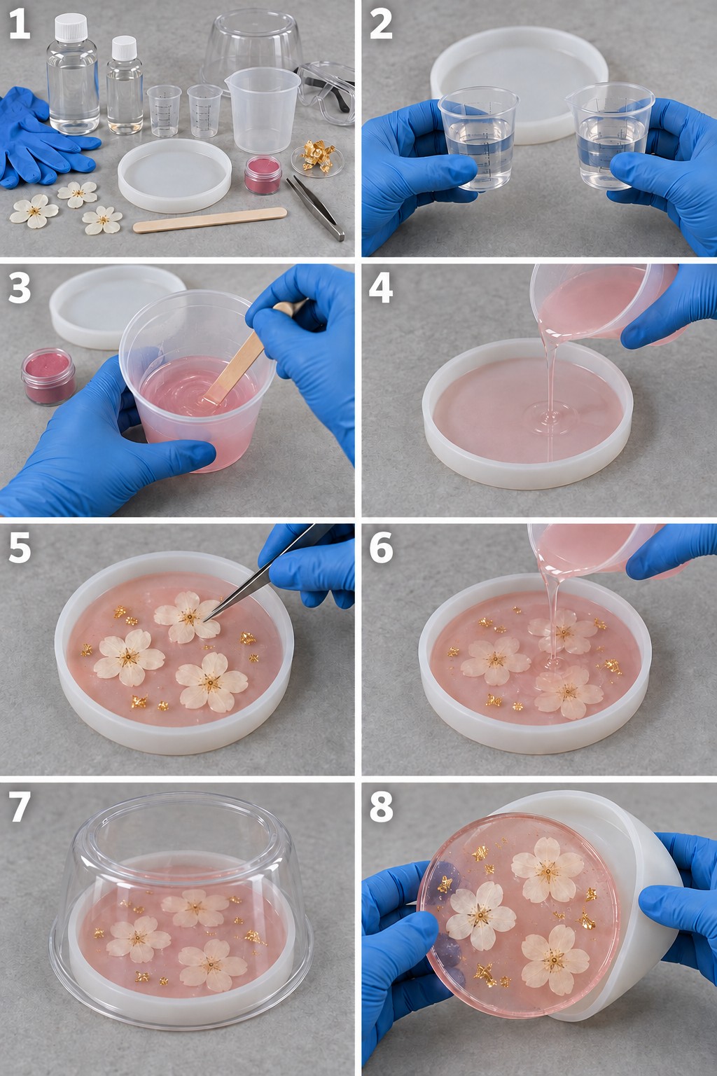 Eight numbered panels showing materials, separate measurement, mixing pink resin, pouring a base, placing three dried blossoms, covering them with resin, protected curing and demolding a round botanical coaster.