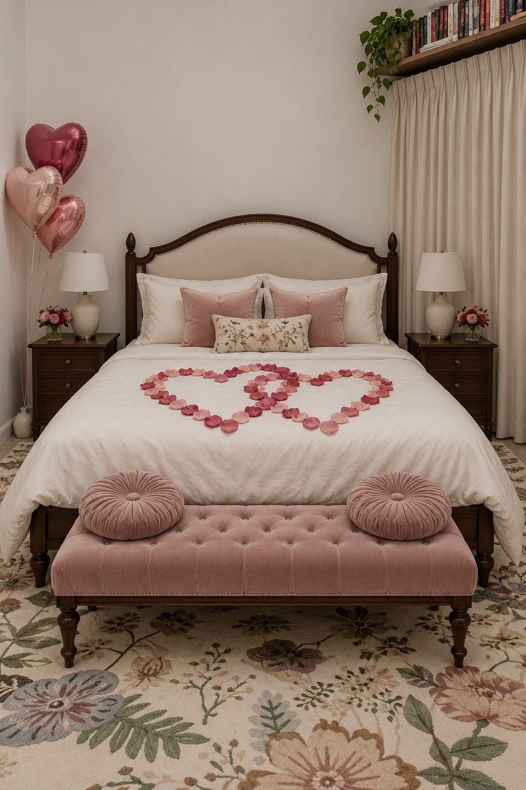 Traditional cream and wood bed with two linked pink petal hearts and a dusty pink tufted bench